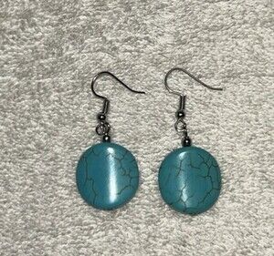 Round Flat Turquoise Stone Dangle Earrings with Silver-Tone Hooks